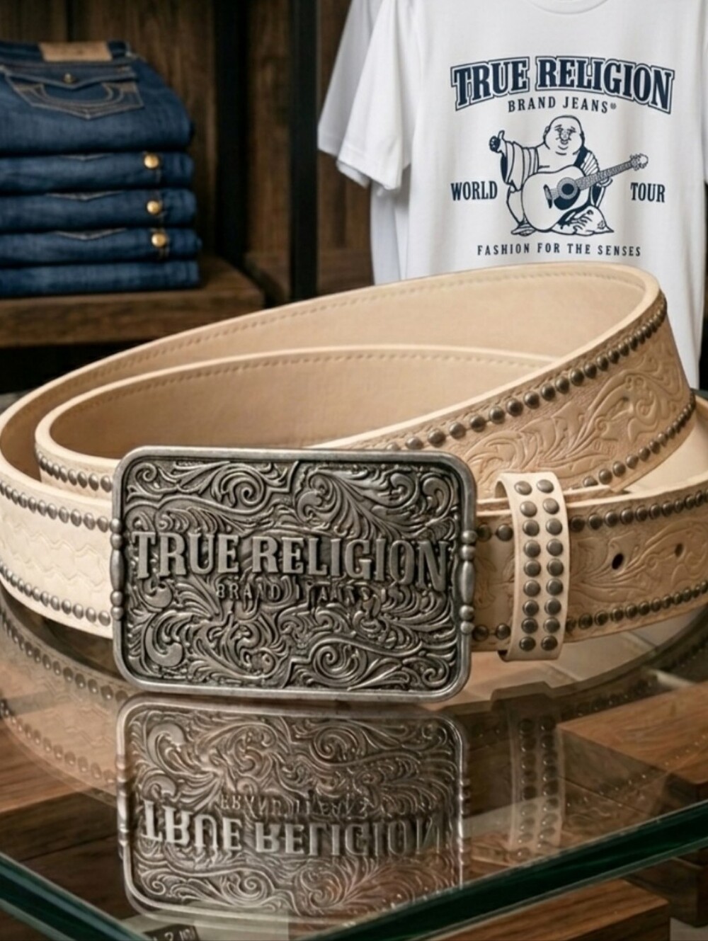 🥳 TRUE RELIGION NWT Men’s Western Plaque Buckle Belt L/XL Fits Waist 38" - 40"